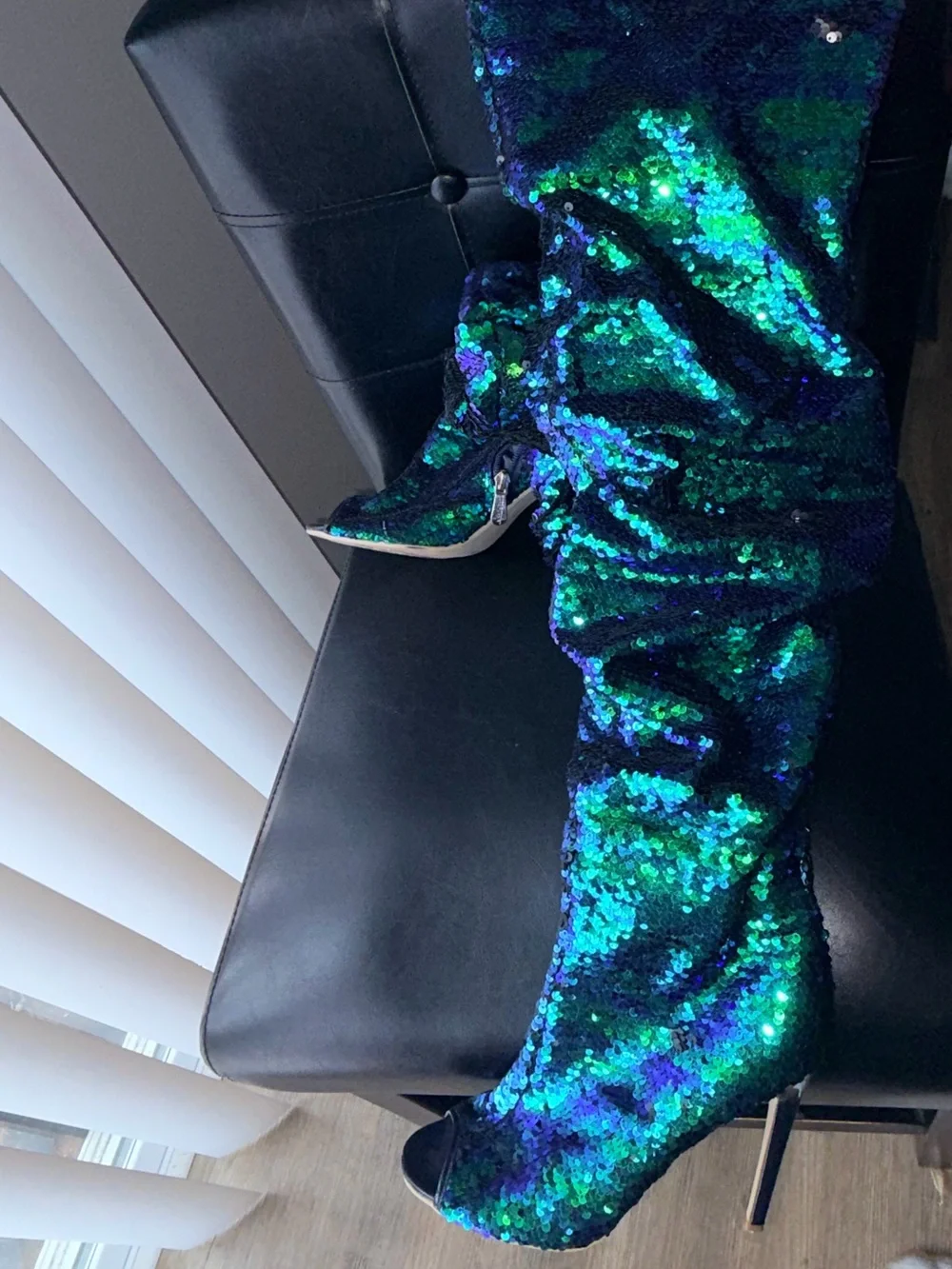 Sequin Over-The-Knee Thigh High Stiletto Boots - Iridescent Green Blue